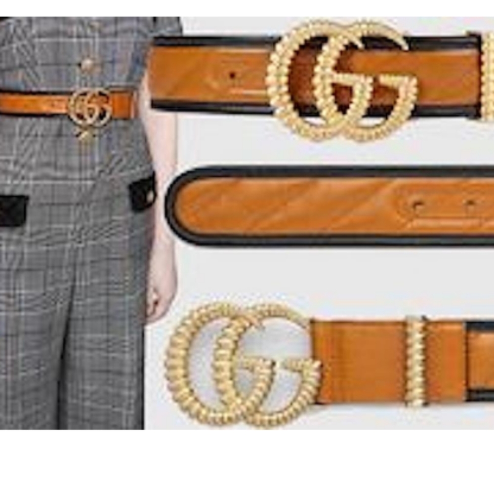 NEW GUCCI GG WIDE BELT GOLD-TONE TORCHON BUCKLE COGNAC/BLACK LEATHER SZ 36/90 - Picture 14 of 16
